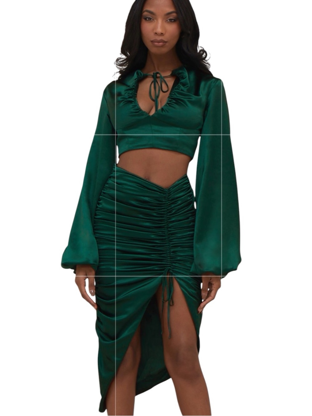 House of CB Vandra Petronella Emerald Satin 2 Piece Skirt Set Large